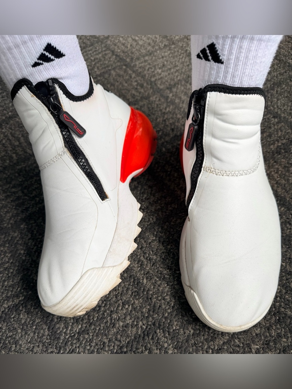 FILA-White Zip-Up Athletic Sneakers with Red Heel Accent